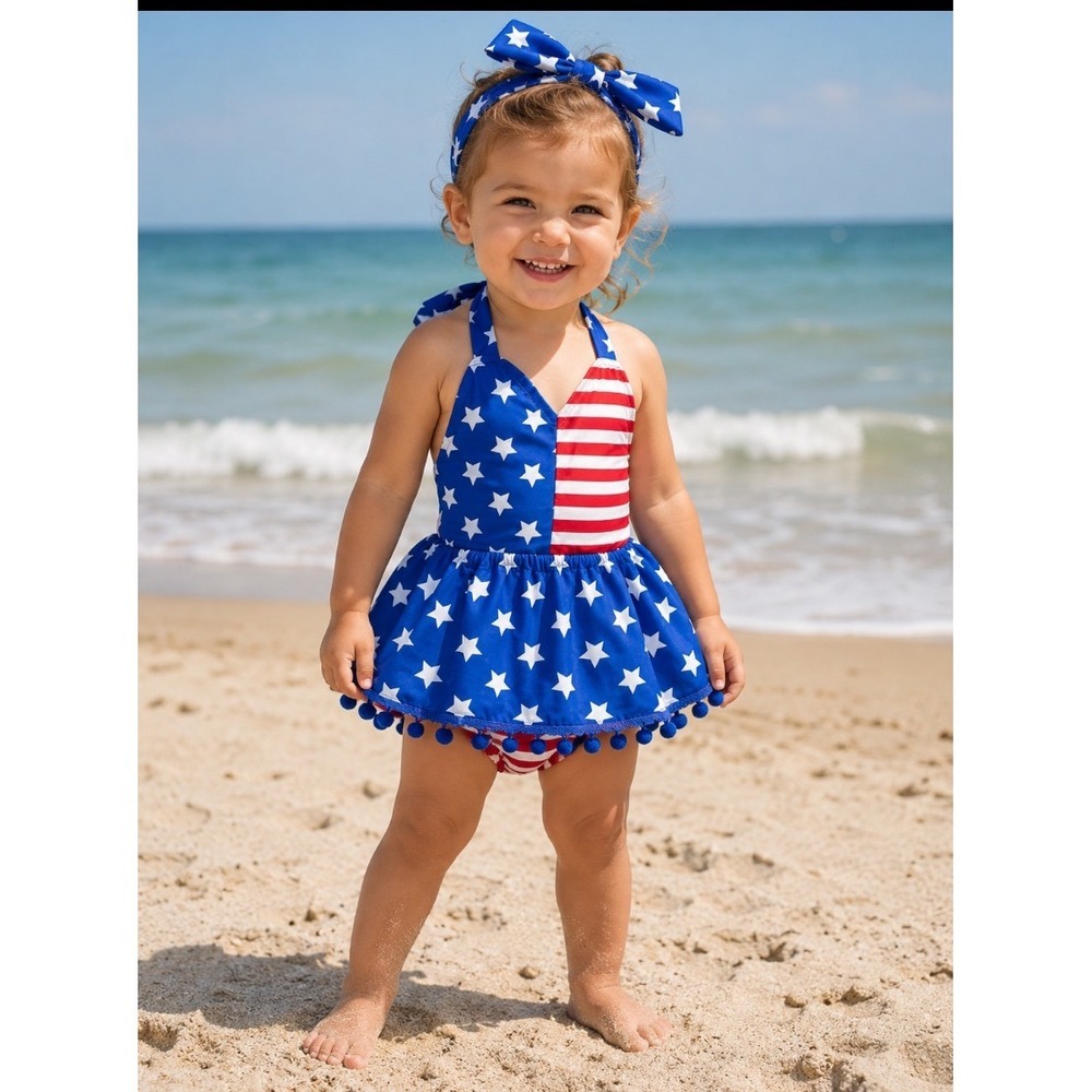 Patriotic swimsuit Stars and Stripes Halter Bow Headband girls sz 9‎ to 12 m